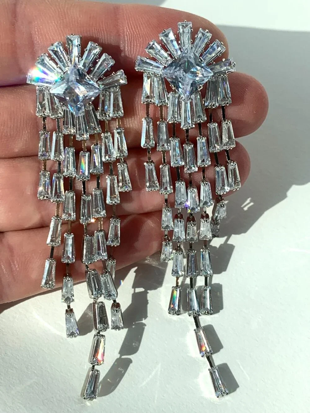 NEW ~ Anthropologie CZ Square & Baguette Long Fringe Glam Earrings